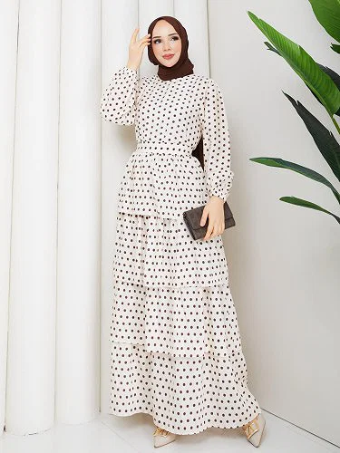 Eteği Katlı Puantiyeli Elbise-5162 Krem - Thumbnail