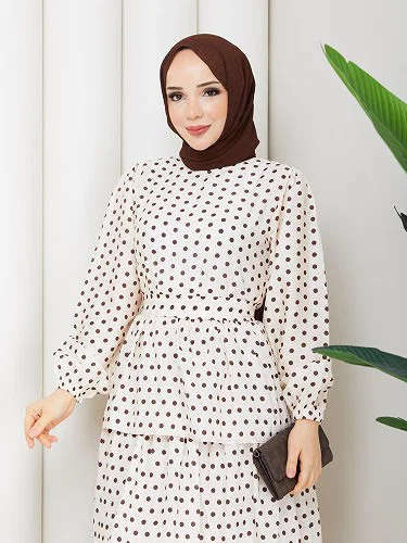 Eteği Katlı Puantiyeli Elbise-5162 Krem - Thumbnail