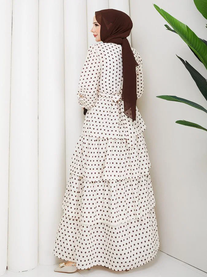 Eteği Katlı Puantiyeli Elbise-5162 Krem