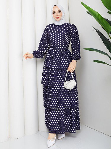 Eteği Katlı Puantiyeli Elbise-5162 Lacivert - Thumbnail