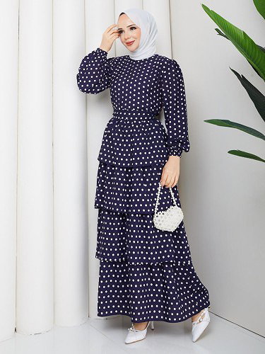 Eteği Katlı Puantiyeli Elbise-5162 Lacivert - Thumbnail