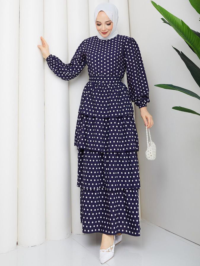 Eteği Katlı Puantiyeli Elbise-5162 Lacivert
