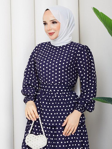 Eteği Katlı Puantiyeli Elbise-5162 Lacivert - Thumbnail