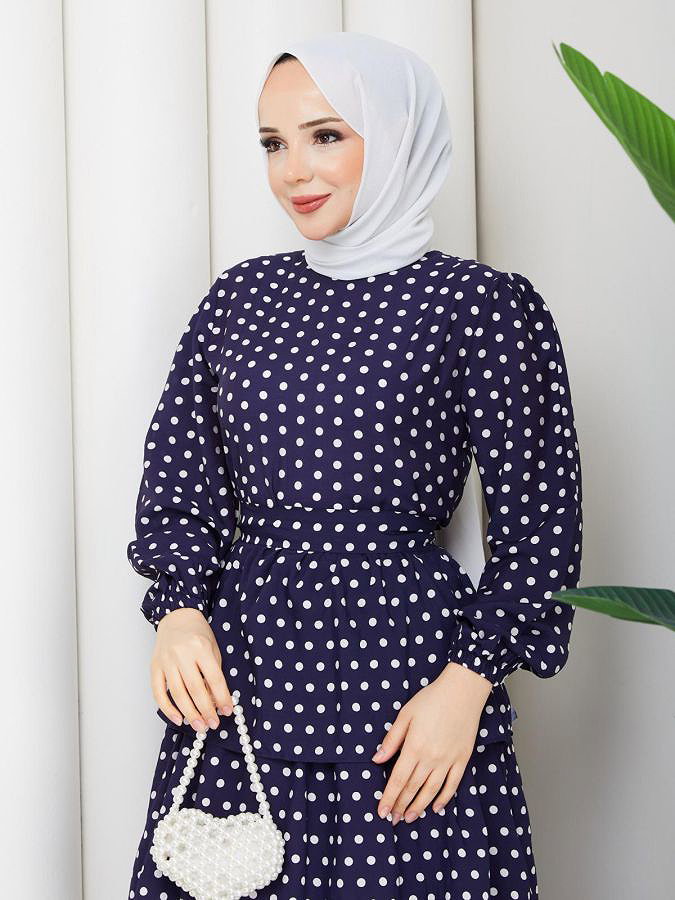 Eteği Katlı Puantiyeli Elbise-5162 Lacivert