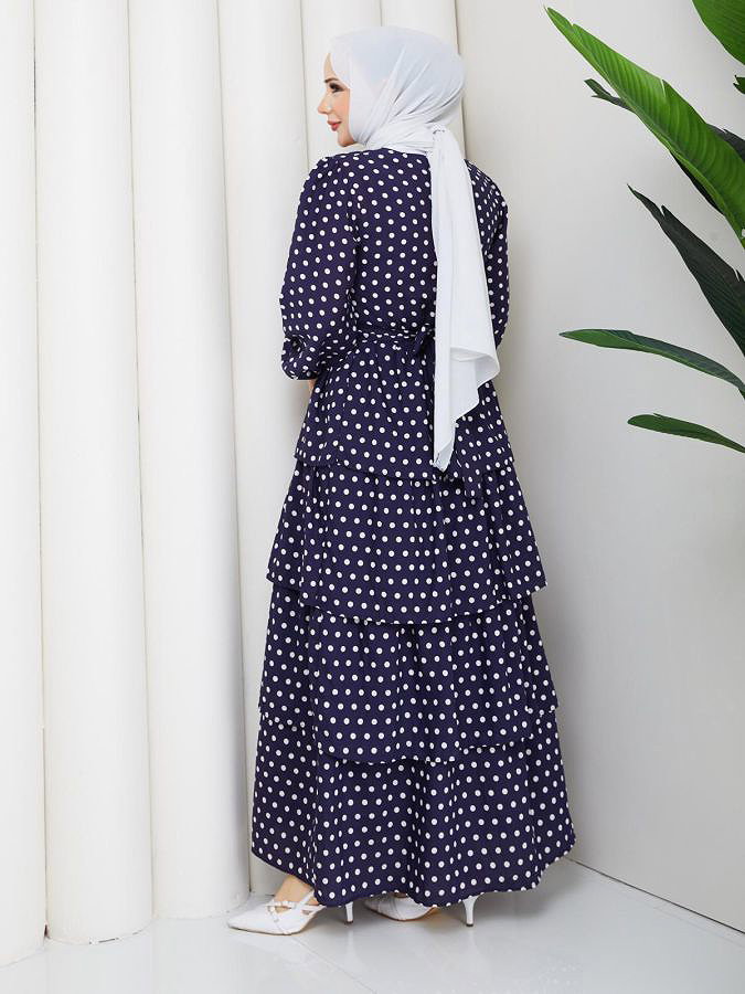 Eteği Katlı Puantiyeli Elbise-5162 Lacivert