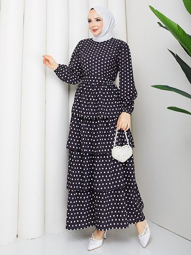 Modaebva - Eteği Katlı Puantiyeli Elbise-5162 Siyah