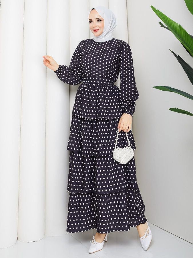 Eteği Katlı Puantiyeli Elbise-5162 Siyah