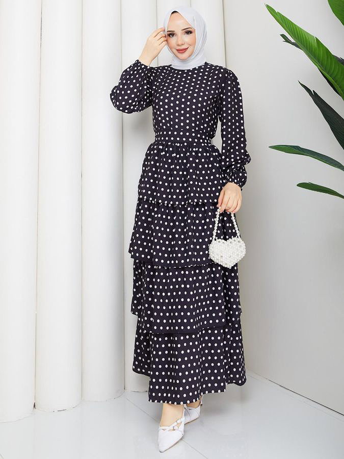 Eteği Katlı Puantiyeli Elbise-5162 Siyah