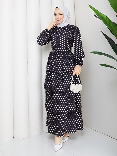 Eteği Katlı Puantiyeli Elbise-5162 Siyah - Thumbnail