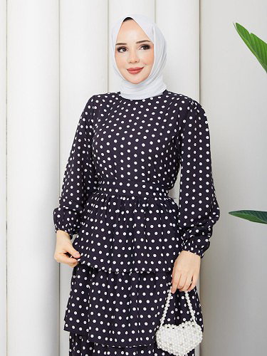 Modaebva - Eteği Katlı Puantiyeli Elbise-5162 Siyah (1)