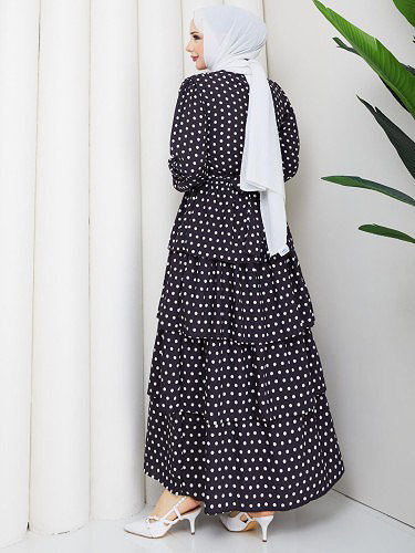 Eteği Katlı Puantiyeli Elbise-5162 Siyah - Thumbnail