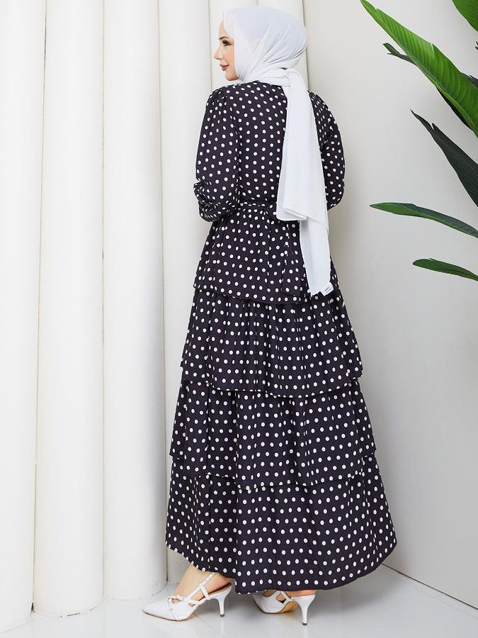 Eteği Katlı Puantiyeli Elbise-5162 Siyah