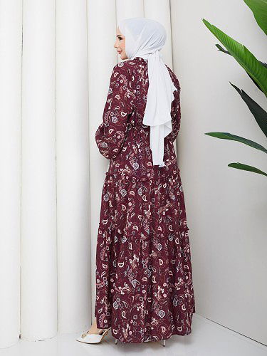 Etnik Desen Kloş Kat Kat Elbise-5155 Bordo - Thumbnail