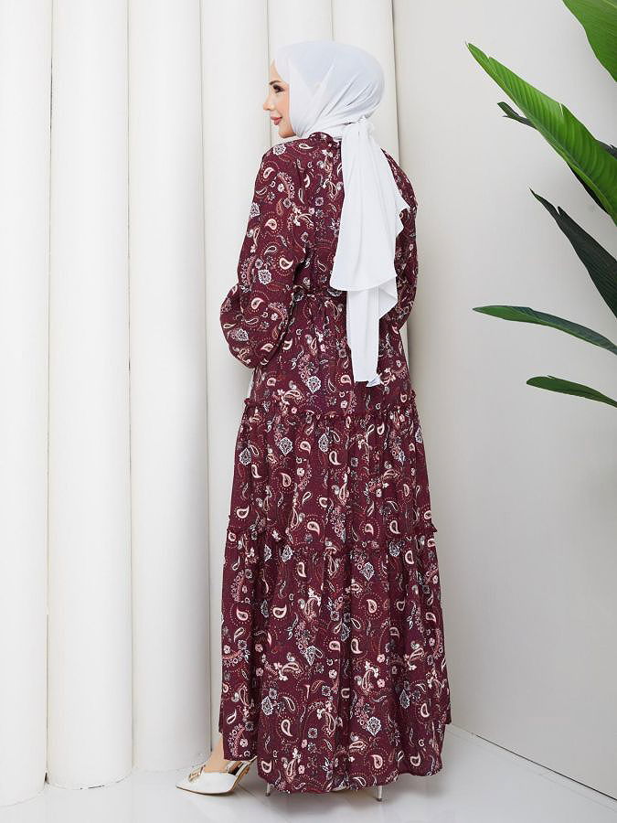 Etnik Desen Kloş Kat Kat Elbise-5155 Bordo