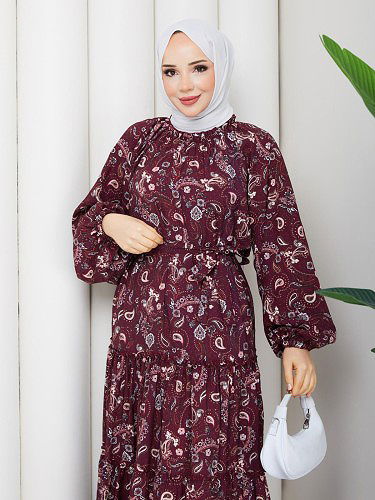 Etnik Desen Kloş Kat Kat Elbise-5155 Bordo - Thumbnail