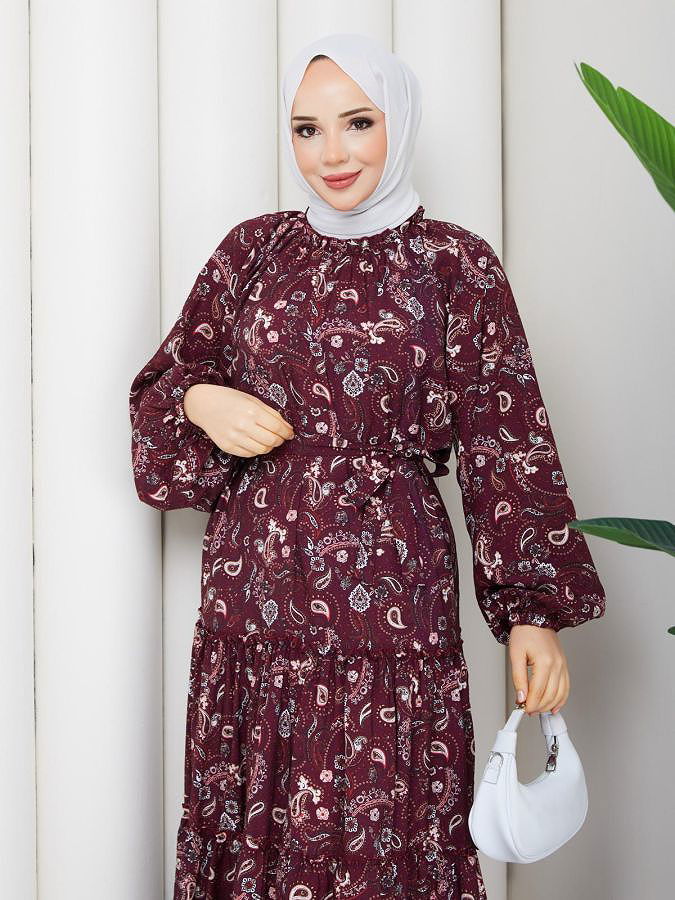 Etnik Desen Kloş Kat Kat Elbise-5155 Bordo