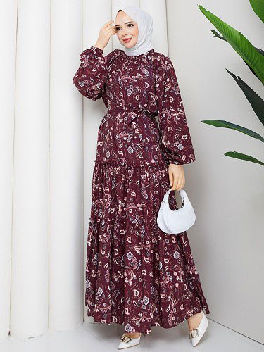 Modaebva - Etnik Desen Kloş Kat Kat Elbise-5155 Bordo