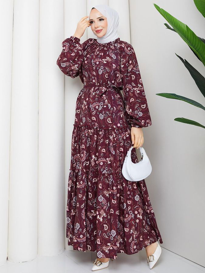 Etnik Desen Kloş Kat Kat Elbise-5155 Bordo