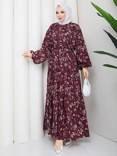 Etnik Desen Kloş Kat Kat Elbise-5155 Bordo - Thumbnail