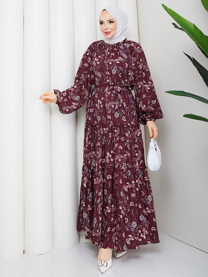 Etnik Desen Kloş Kat Kat Elbise-5155 Bordo