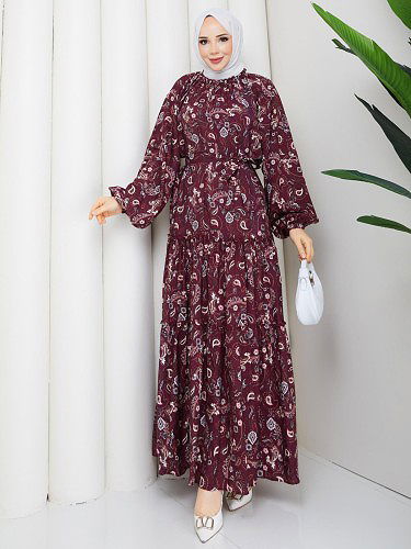 Etnik Desen Kloş Kat Kat Elbise-5155 Bordo - Thumbnail