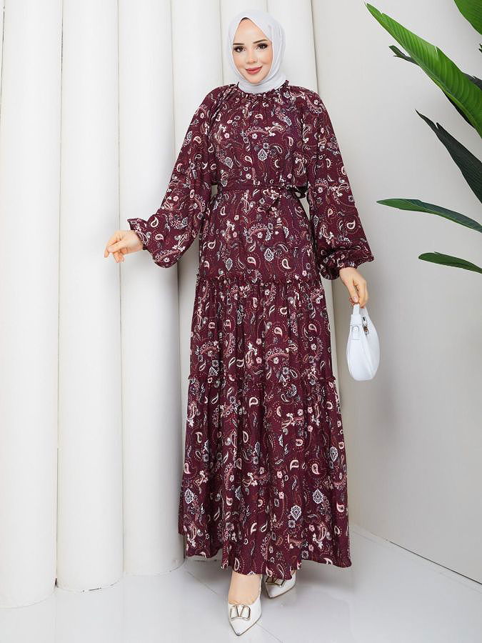 Etnik Desen Kloş Kat Kat Elbise-5155 Bordo