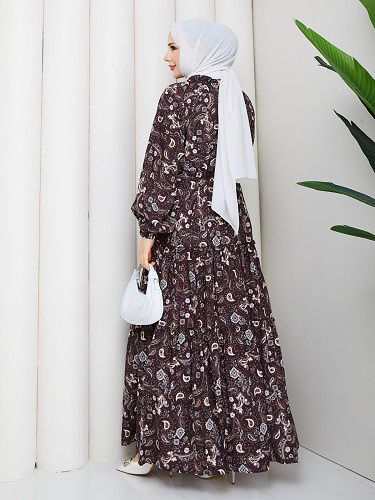 Etnik Desen Kloş Kat Kat Elbise-5155 Kahverengi - Thumbnail