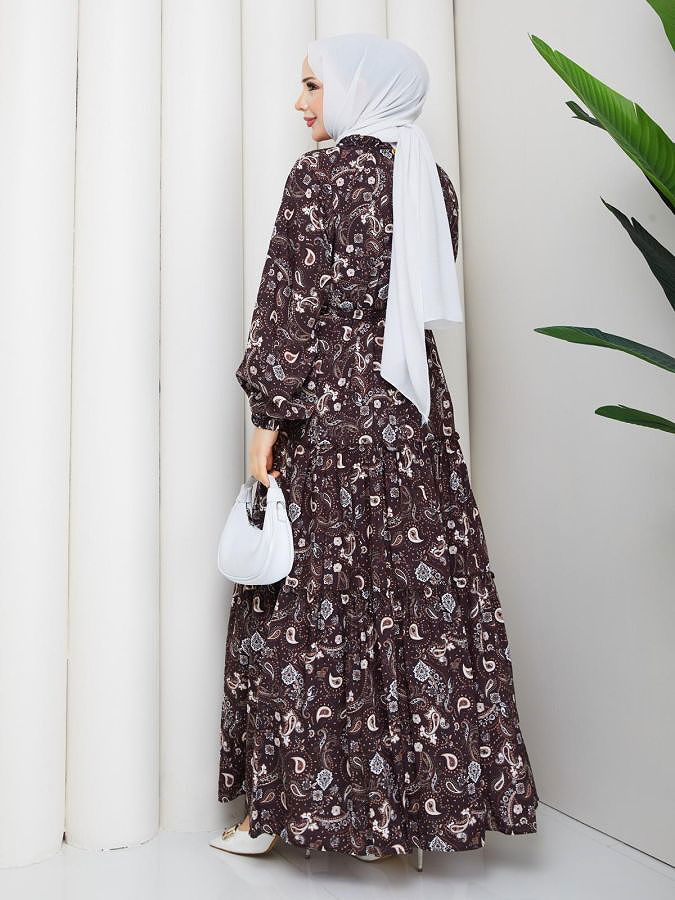 Etnik Desen Kloş Kat Kat Elbise-5155 Kahverengi