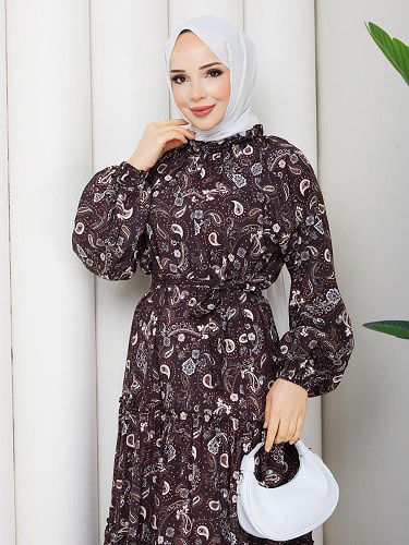 Etnik Desen Kloş Kat Kat Elbise-5155 Kahverengi - Thumbnail