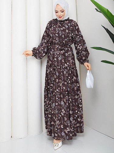 Etnik Desen Kloş Kat Kat Elbise-5155 Kahverengi - Thumbnail