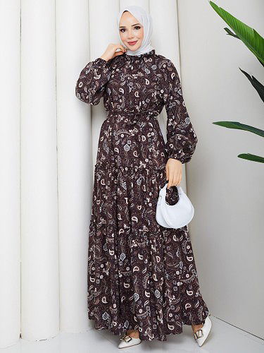 Etnik Desen Kloş Kat Kat Elbise-5155 Kahverengi - Thumbnail