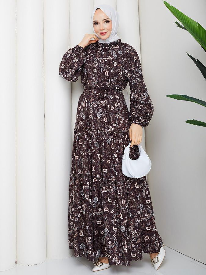 Etnik Desen Kloş Kat Kat Elbise-5155 Kahverengi