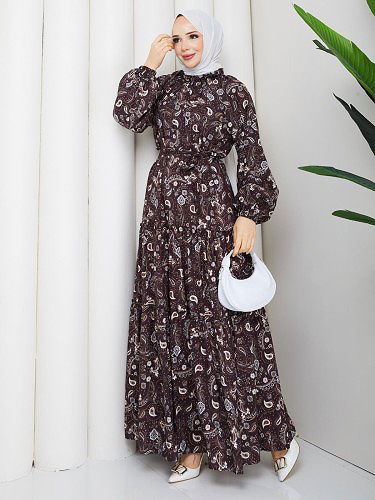 Modaebva - Etnik Desen Kloş Kat Kat Elbise-5155 Kahverengi