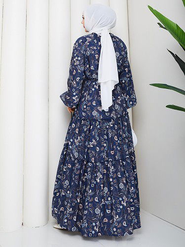 Etnik Desen Kloş Kat Kat Elbise-5155 Lacivert - Thumbnail