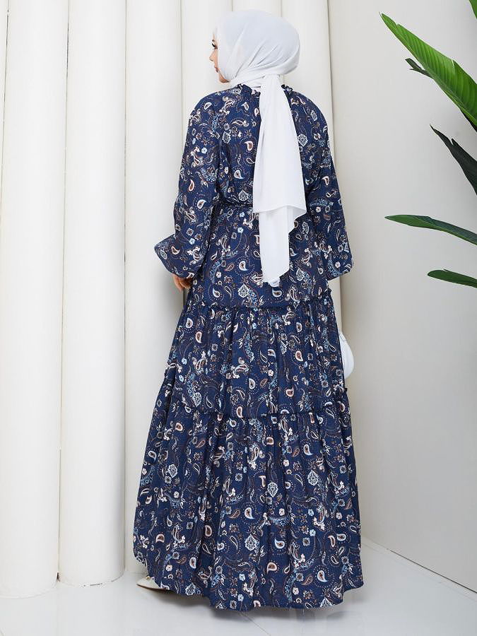 Etnik Desen Kloş Kat Kat Elbise-5155 Lacivert