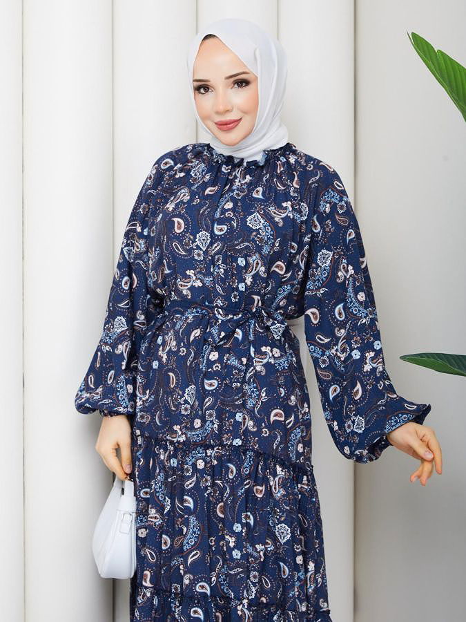 Etnik Desen Kloş Kat Kat Elbise-5155 Lacivert