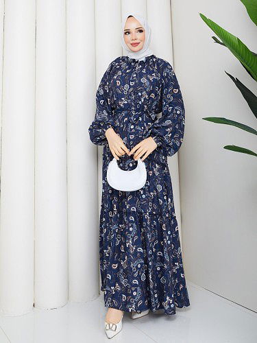 Etnik Desen Kloş Kat Kat Elbise-5155 Lacivert - Thumbnail