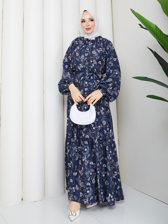 Etnik Desen Kloş Kat Kat Elbise-5155 Lacivert