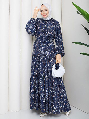 Modaebva - Etnik Desen Kloş Kat Kat Elbise-5155 Lacivert