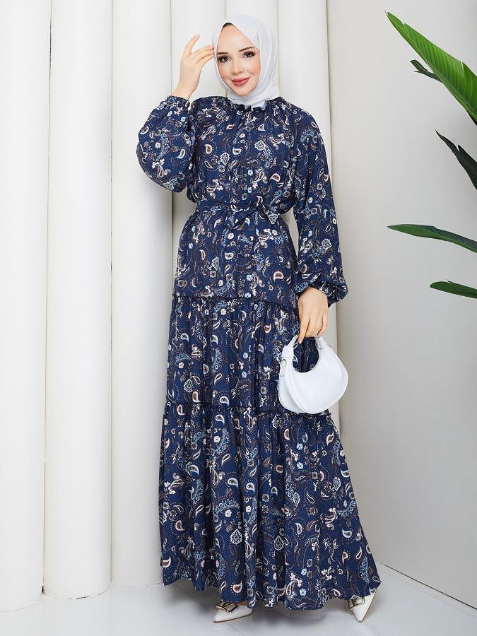 Etnik Desen Kloş Kat Kat Elbise-5155 Lacivert