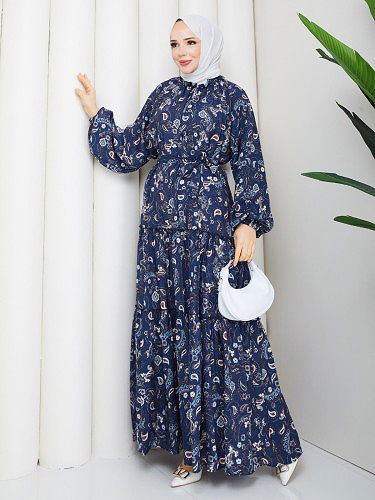 Etnik Desen Kloş Kat Kat Elbise-5155 Lacivert - Thumbnail