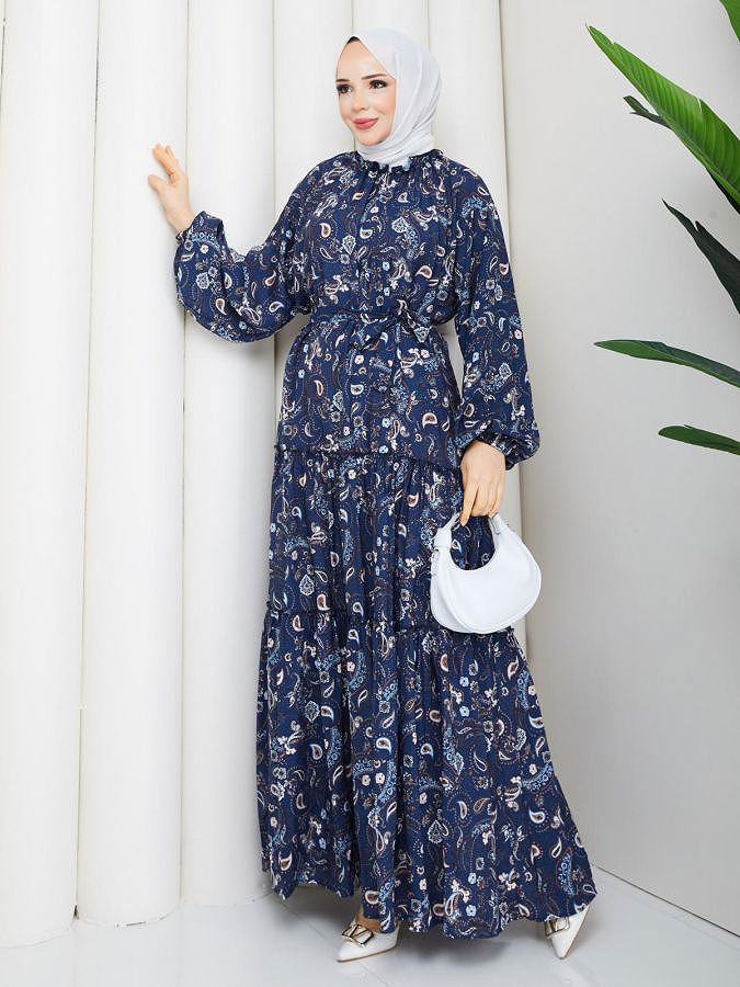 Etnik Desen Kloş Kat Kat Elbise-5155 Lacivert
