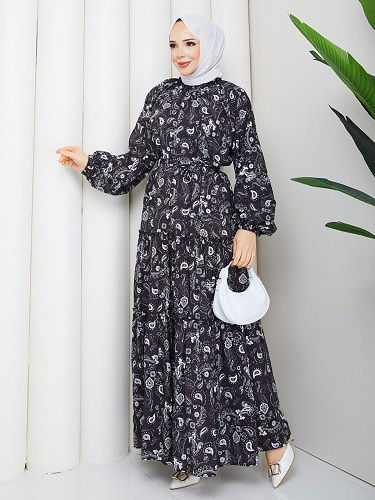 Etnik Desen Kloş Kat Kat Elbise-5155 Siyah - Thumbnail