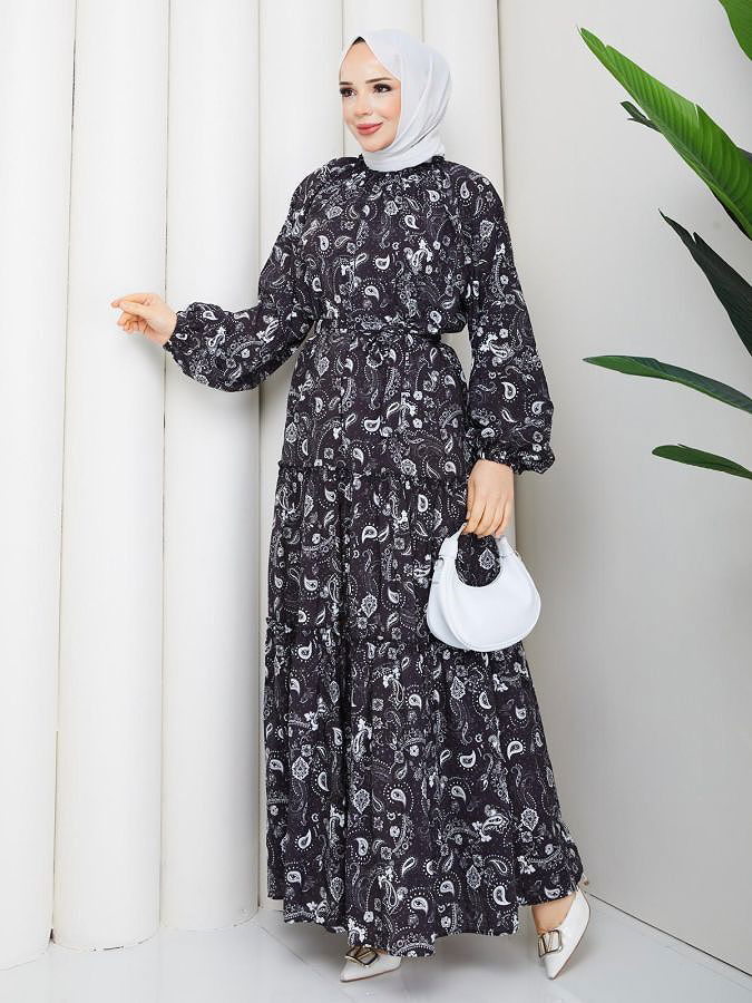 Etnik Desen Kloş Kat Kat Elbise-5155 Siyah