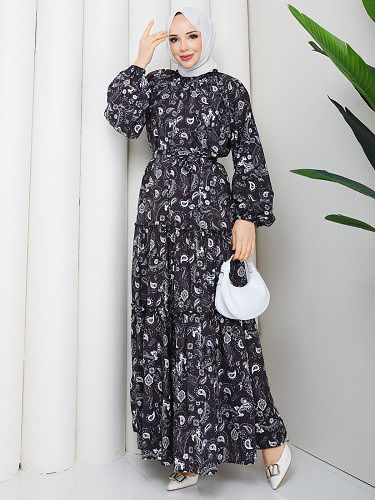 Etnik Desen Kloş Kat Kat Elbise-5155 Siyah - Thumbnail
