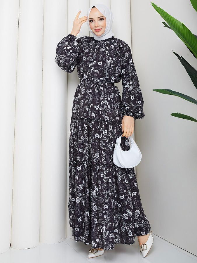 Etnik Desen Kloş Kat Kat Elbise-5155 Siyah