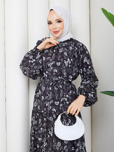 Etnik Desen Kloş Kat Kat Elbise-5155 Siyah - Thumbnail