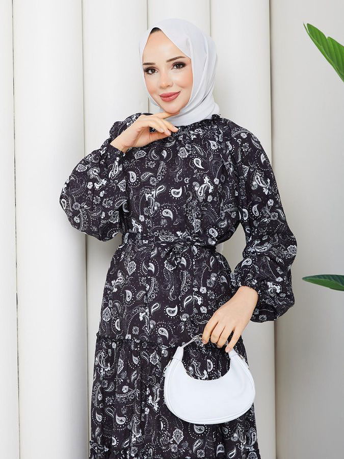 Etnik Desen Kloş Kat Kat Elbise-5155 Siyah