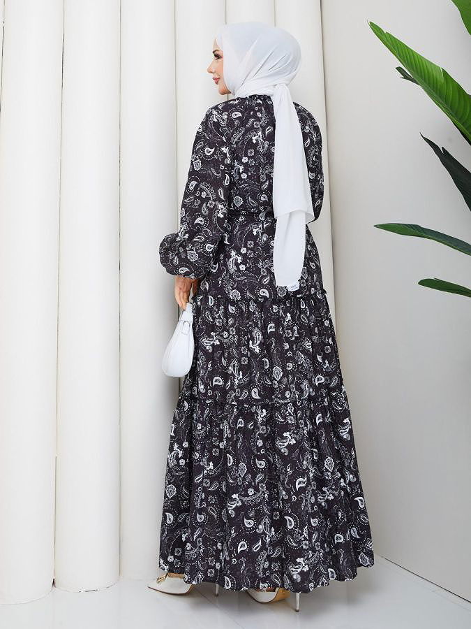 Etnik Desen Kloş Kat Kat Elbise-5155 Siyah