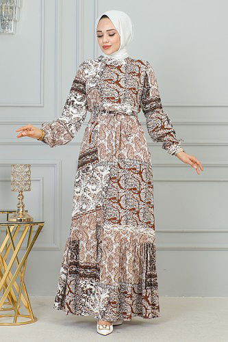 Etnik Desenli Eteği Fırfırlı Elbise-3164 Kahve - Thumbnail